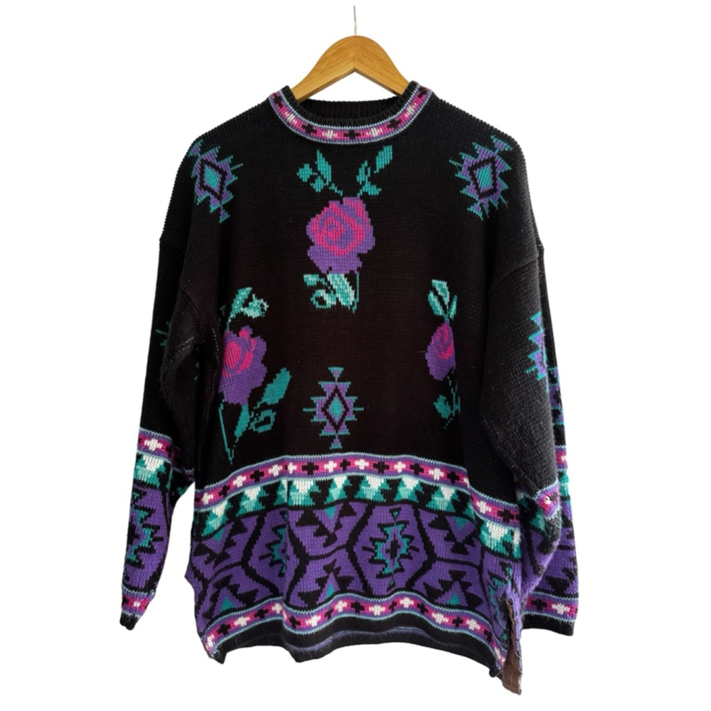 Vintage 90s Southwestern Floral Knit Sweater Bold Pattern